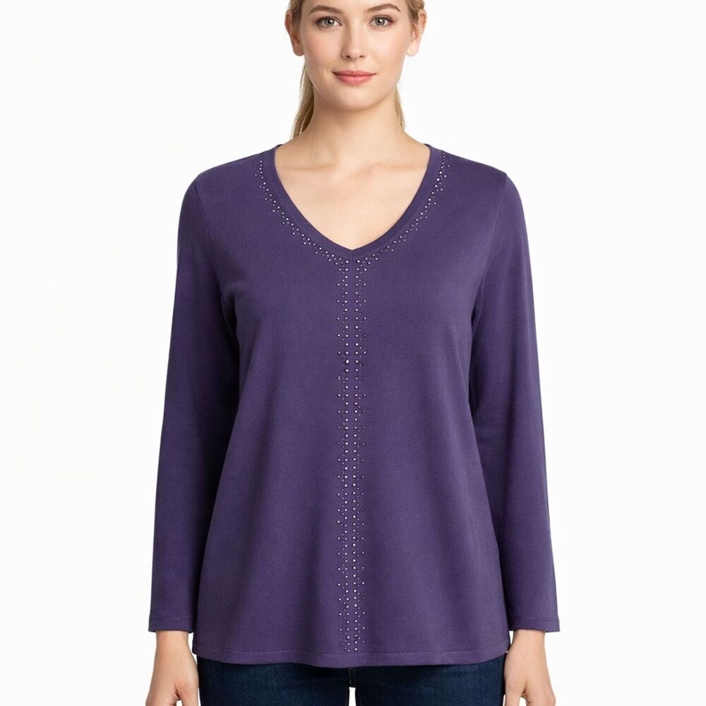 Chico’s Embellished Sweater Size 2 (12) V Neck Muted Purple *